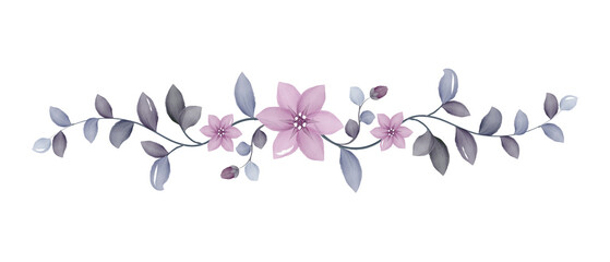 Watercolor floral branch with violet purple flowers and green leaves	
