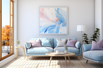A living room with a painting of a minimalistic abstract design with swirling shades of blue and white. 
Created with Generative AI