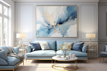 A living room with a painting of a minimalistic abstract design with swirling shades of blue and white. 
Created with Generative AI