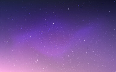 Fototapeta na wymiar Violet space background. Glowing milky way. Starry aurora borealis. Night sky with neon light effect. Purple galaxy backdrop. Fantasy cosmic universe. Vector illustration