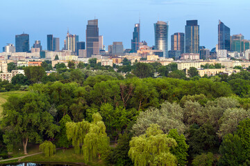 Fototapeta premium Aerial view of Warsaw city center during sunset