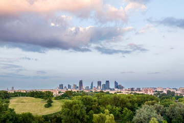 Aerial view of Warsaw city center during sunset