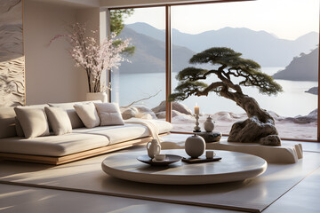 Fototapeta premium A calming Zen garden, complete with raked sand, smooth river stones, and a solitary bonsai tree. This minimalist, Japanese-style Created with Generative AI