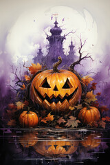 A painting of a halloween pumpkin with a castle in the background. Generative AI. Spooky Halloween pumpkin Jack.