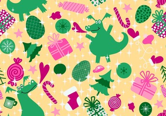 Cartoon dinosaur monsters seamless dragon pattern for wrapping paper and Christmas gift box and kids clothes