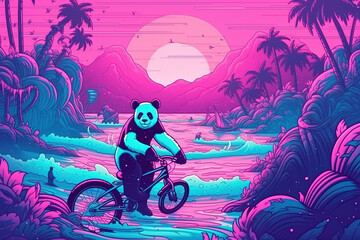 Synthwave Panda riding a bicycle on the Beach