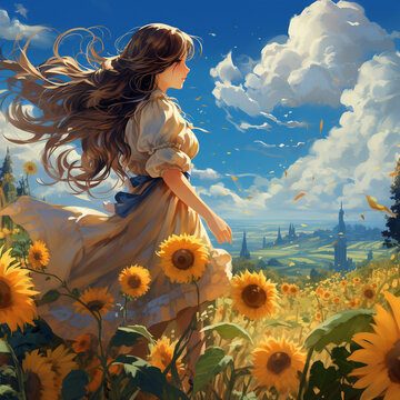 Happy girl in a sunny field of flowers. High quality illustration