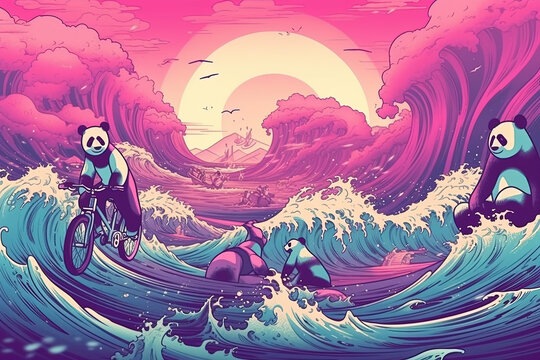 Panda on biike in Lofi style, ai