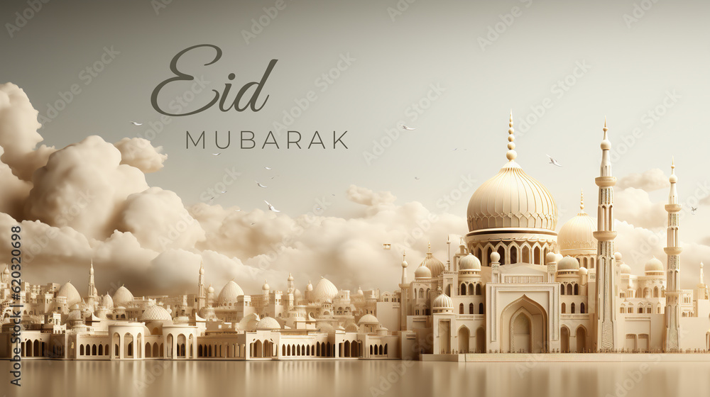 Poster a picture of a large building with a lot of clouds in the background. generative ai. eid mubarak.
