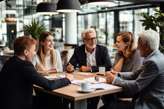 A portrait of a multigenerational business team exchanging ideas and insights during a meeting, with active participation from everyone Generative AI