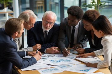 A close-up of a multigenerational business team, engaged in a problem-solving discussion, showcasing their teamwork and collaboration Generative AI
