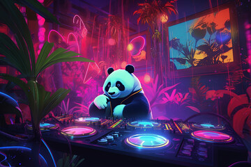 Synthwave Grooves: Panda DJ in Retro-Futuristic Illustration