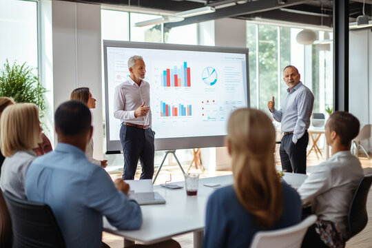 A portrait of a multigenerational business team standing in front of a presentation screen, giving a confident and unified presentation Generative AI