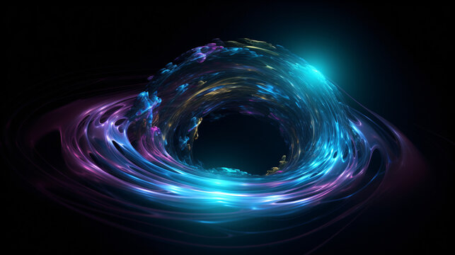 A vibrant neon blue and purple space black hole swirl against a dark black background Generative Ai