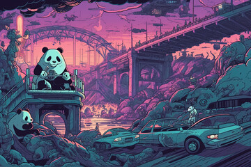 Panda Haven: Majestic Landscape Illustration, ai, photoshop