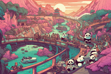 Panda Haven: Majestic Landscape Illustration, ai, photoshop