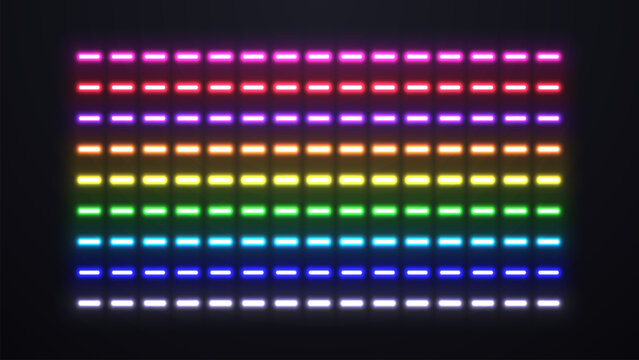 A set with neon bright glowing dotted lamps in different colors of the rainbow on a black background.