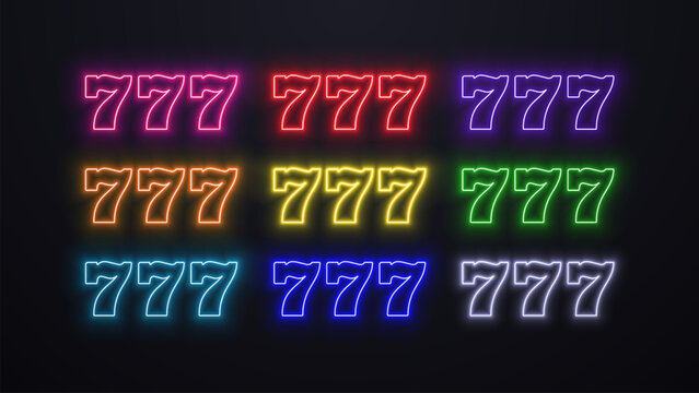 A set of neon glowing shiny icons 777. Casino and poker logo in different colors on a black background.