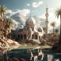 Naklejka premium Muslim mosque and waterfall, Illustration AI Generative.