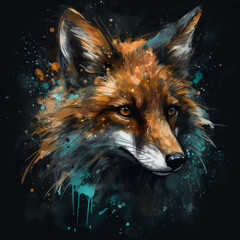 A detailed painting of a fox's face isolated on a black background Generative Ai