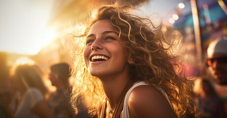 Cute woman smiling at the crowd at a music festival Illustration AI Generative