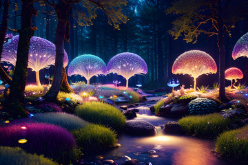 Fairy forest with colorful glowing plants 