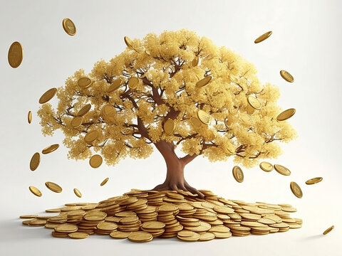 Blossoming wealth: Explore the enchanting money tree, where coins flourish instead of leaves. Symbolizing a prosperous future, this image embodies the rewards of diligent savings and long-term financi