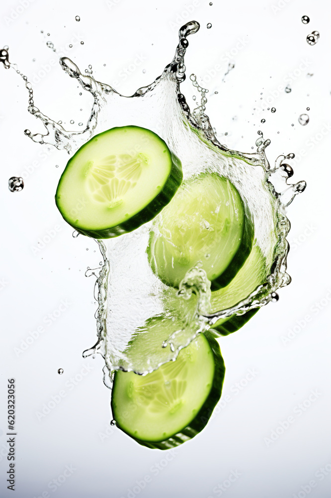 Poster Three slices of cucumber falling into the water. Generative AI.