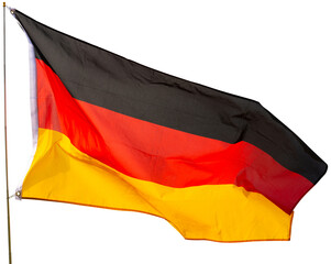 Black, red, and gold tricolor Bundesflagge, national symbol of idea of strong and united democratic Germany, culture and rich history waving on flagpole. Isolated over white background