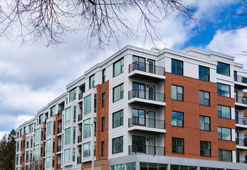 Newly built apartments exterior view, Brighton, Massachusetts, USA