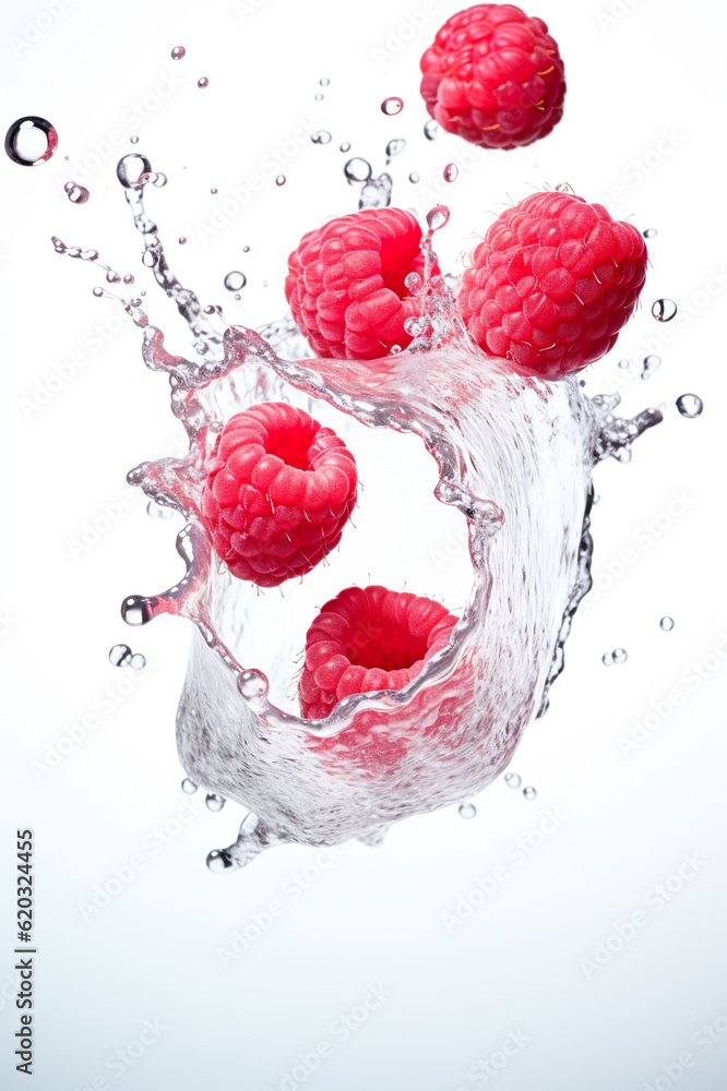 Poster three raspberries are splashing into the water. generative ai.