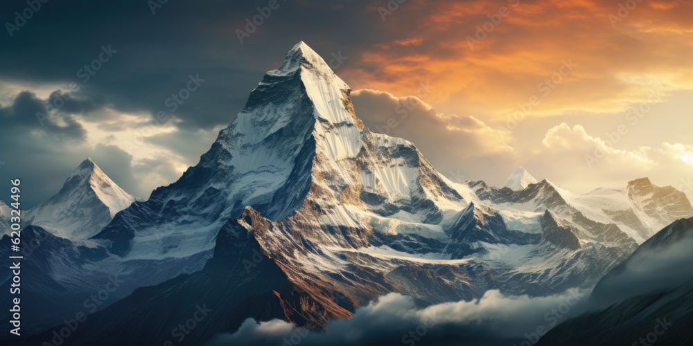 Poster a mountain covered in snow under a cloudy sky. generative ai.