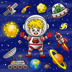 Set of space elements. Vector illustrations in cartoon style. Cute astronaut boy, rocket, planet Earth, moon, alien in flying saucer, Sun, galaxy, comet, satellite, lunar rover and others. Universe.
