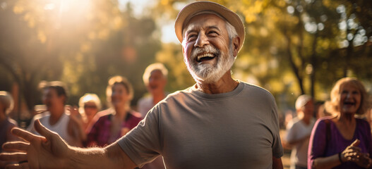 Fototapeta premium Happy group of senior people exercising in the park. Image generative AI.