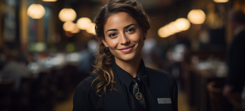 Portrait of a young woman waitress working in a restaurant hotel.  Image generative AI.