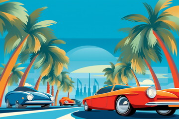 The futuristic retro landscape of the 80s. Illustration of the car and palm trees in retro style and vivid colors. Suitable for the design of the 80s style