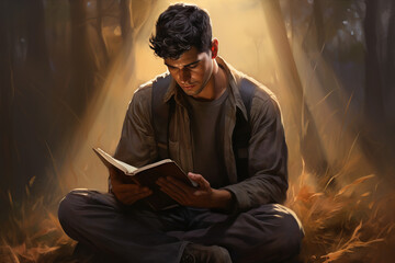 Young Christian Man Reading the Bible in Nature Under The Morning Sun - obrazy, fototapety, plakaty