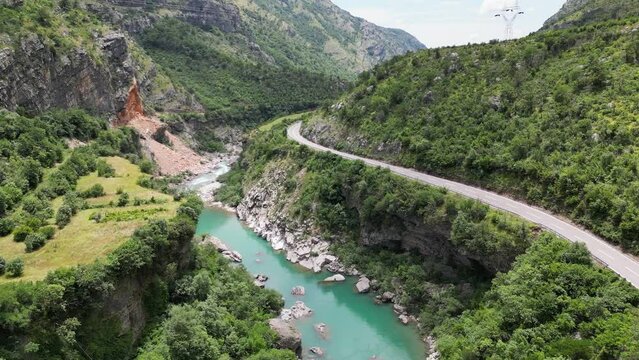 Beautiful rocky canyon with a turquoise river. Aerial view. Moraca river canyon. Montenegro.