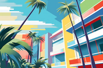 The futuristic retro landscape of the 80s. Illustration of the city and palms in retro style. Suitable for the design of the 80s style