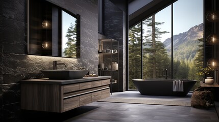 Bathroom interior design with matte black bath AI, Generative AI, Generative