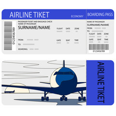 Airplane ticket design in blue and gray