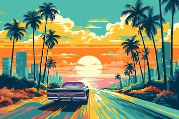  The futuristic retro landscape of the 80s. Illustration of the sun with mountains, city and car in retro style. Suitable for the design of the 80s style © Canvas Alchemy