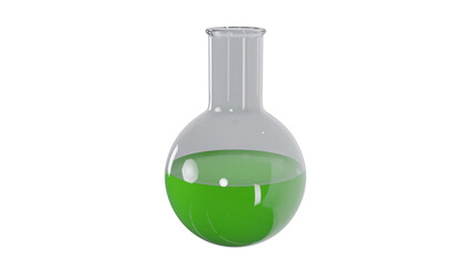 Empty round Florence flask with green liquid isolated on white and transparent background. Science concept. 3D render