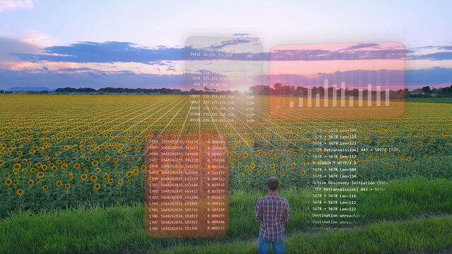 Farmer analyzing his food production by using smart farming technology - 3D render