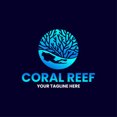 coral reef with fishes logo design vector