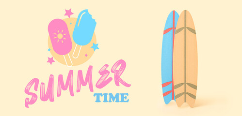 Small surfboards on beige background. Summer time