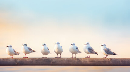 A group of seagulls standing on a wooden rail. Generative AI.
