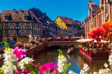 Embankment of Lauch River with historical houses in Colmar, Alsace, France