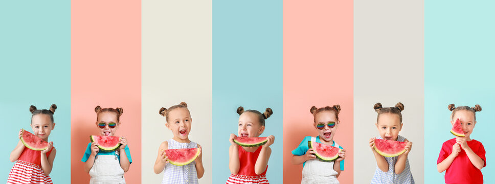 Collage of cute little girl with slices of fresh watermelon on color background