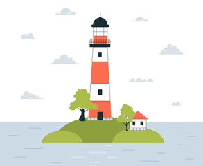 Lighthouse at island near ocean concept